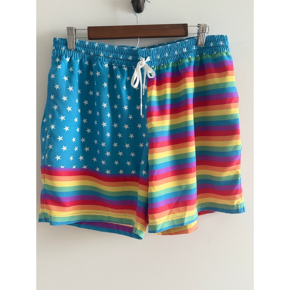 Chubbies Swim Trunks Rainbow Stars Blue Polyester Americana Pride Shorts XL 5.5"